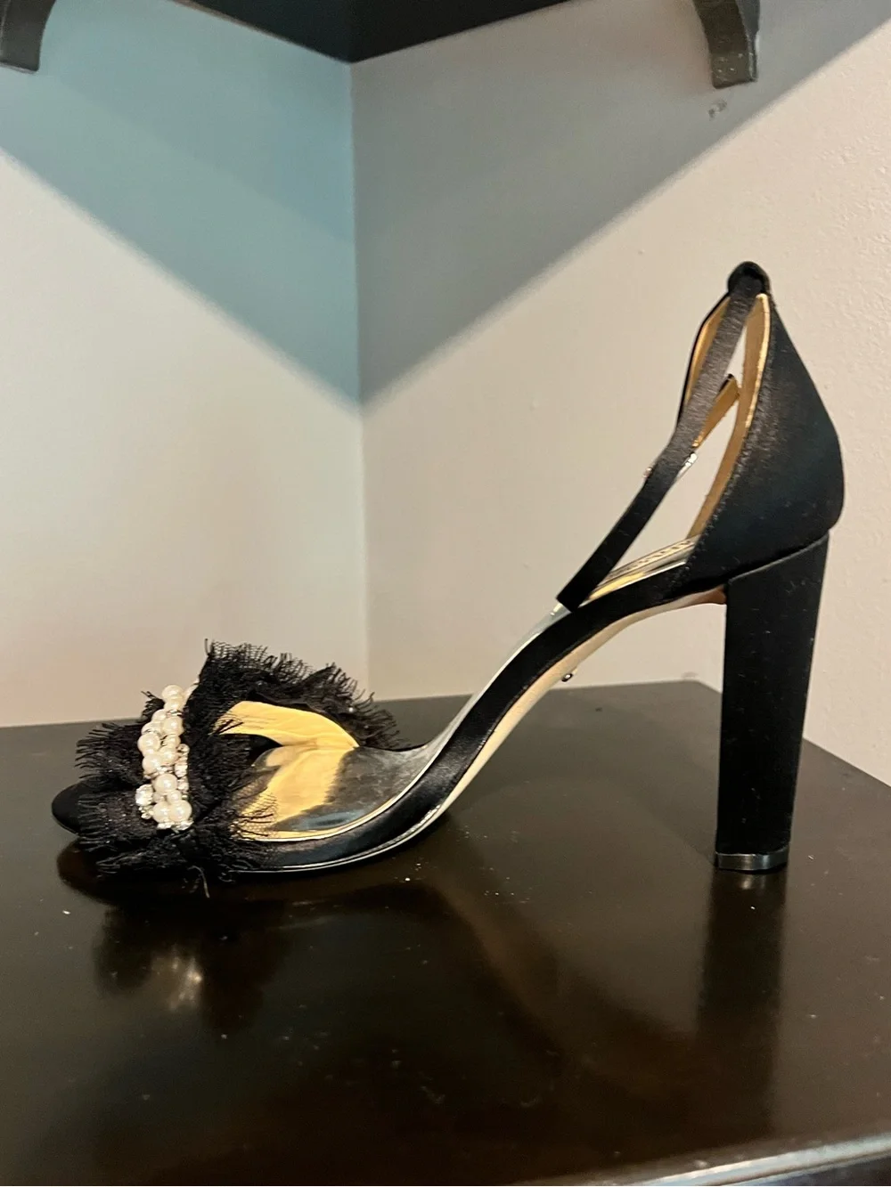 Badgley Mischka Fleur Pearl-Trim Fringe Sandals